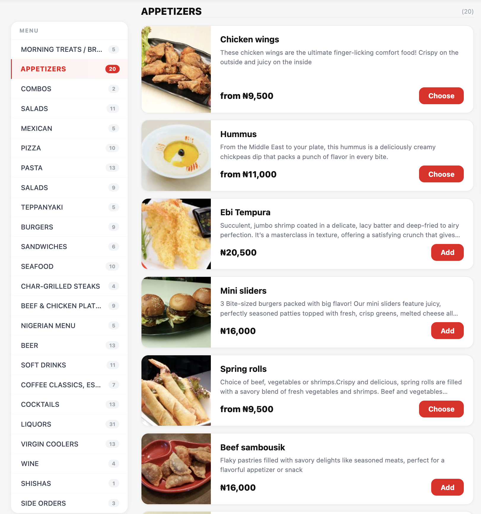 Online ordering menu