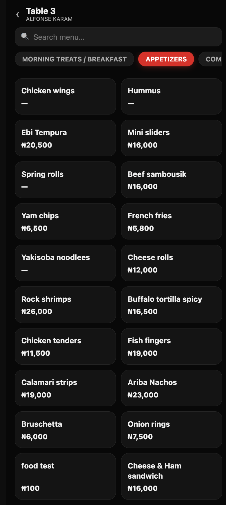 Waiter app — menu view