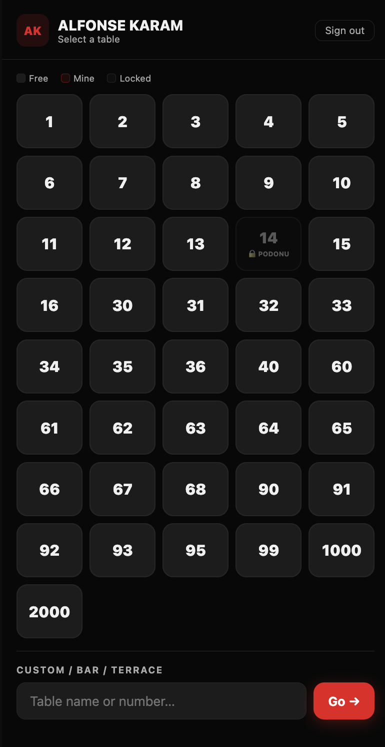 Waiter app — table picker